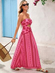 Vestido de gasa con estampado para primavera y verano con cuello de halter para mujeres - Rosa - Ver 4