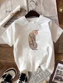 Primavera/Verano 2025, Nueva Camiseta Blanca de Mujer con Estampado de Leopardo y Estampado Artístico, Estilo Casual para Fiesta, Y2k, Camiseta - Blanco - Ver 10