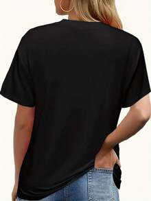 Limited Edition Women's Lightweight Breathable Cotton T-Shirt With Patriotic Anniversary Design - Black Crew Neck With American Flag Design, Lightweight And Breathable Casual Top, Suitable For Anniversaries, Daily Wear And Formal Occasions - Machine Washable Short Sleeve T-Shirt, Lightweight Cotton Festive Event Wear. - 黑色 - 查看 3