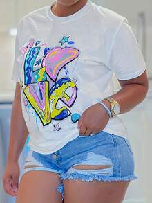 Women's Limited Edition T-Shirt With White And Colorful Graffiti - Loose And Casual Fit, With Graffiti Print Of Hearts, Pink Hearts And Blue Splash Design - Urban Style Top For All Seasons (Machine Washable), Suitable For Parties And Everyday Wear - Basic Urban Fashion T-Shirt Made Of Lightweight Cotton. - 白色 - 查看 6