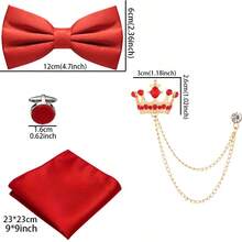 Conjunto de corbata de moño anudada de unicolor, pañuelo de bolsillo, gemelos y broche de solapa para hombres (Corbata de moño + Pañuelo de bolsillo + Gemelos + Broche de cadena colgante) - Multicolor - Ver 2