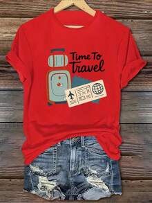 1 Piece Of Elegant Women's T-Shirt, Round Neck And Short Sleeve, With A Casual Style Suitable For All Seasons, With A Creative And Minimalist Cartoon Luggage Design Showing An Airplane Print, 100% Cotton. - 紅色 - 查看 1