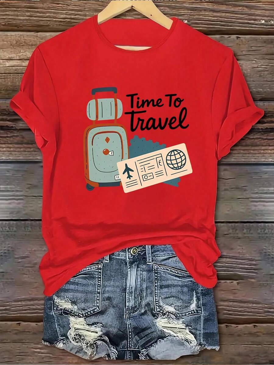 1 Piece Of Elegant Women's T-Shirt, Round Neck And Short Sleeve, With A Casual Style Suitable For All Seasons, With A Creative And Minimalist Cartoon Luggage Design Showing An Airplane Print, 100% Cotton. - 紅色 - 查看 1