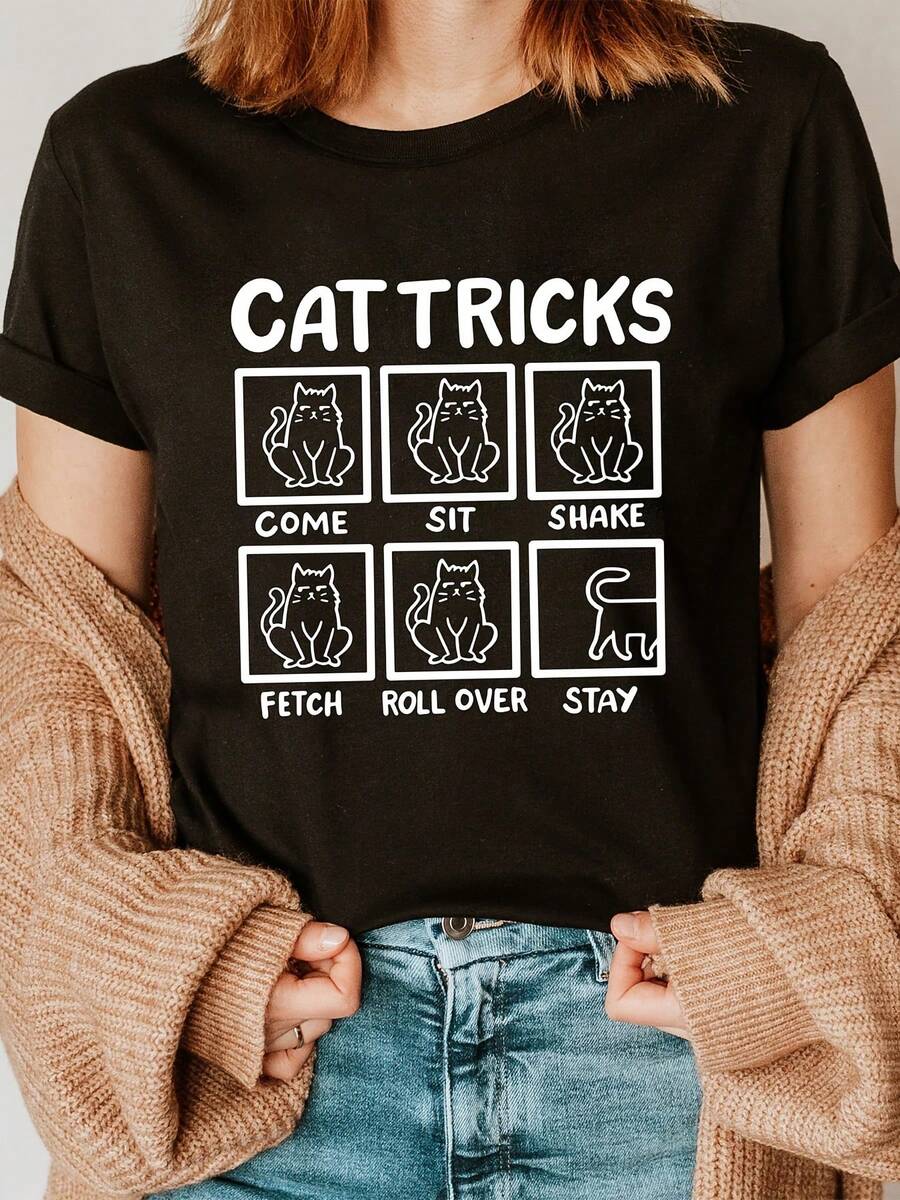 Round Neck T-Shirt With Cat Trick Print, Casual Short Sleeve Top For Summer And Spring, Women's Clothing - 黑色 - 查看 1