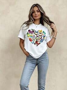 Camiseta Casual para Mujer con Estampado de Corazones de Mariposa, Diseño de Mariposas Coloridas, Cuello Redondo en Blanco y Negro para Moda Primavera Verano, Camiseta Holgada y Cómoda - Blanco - Ver 3