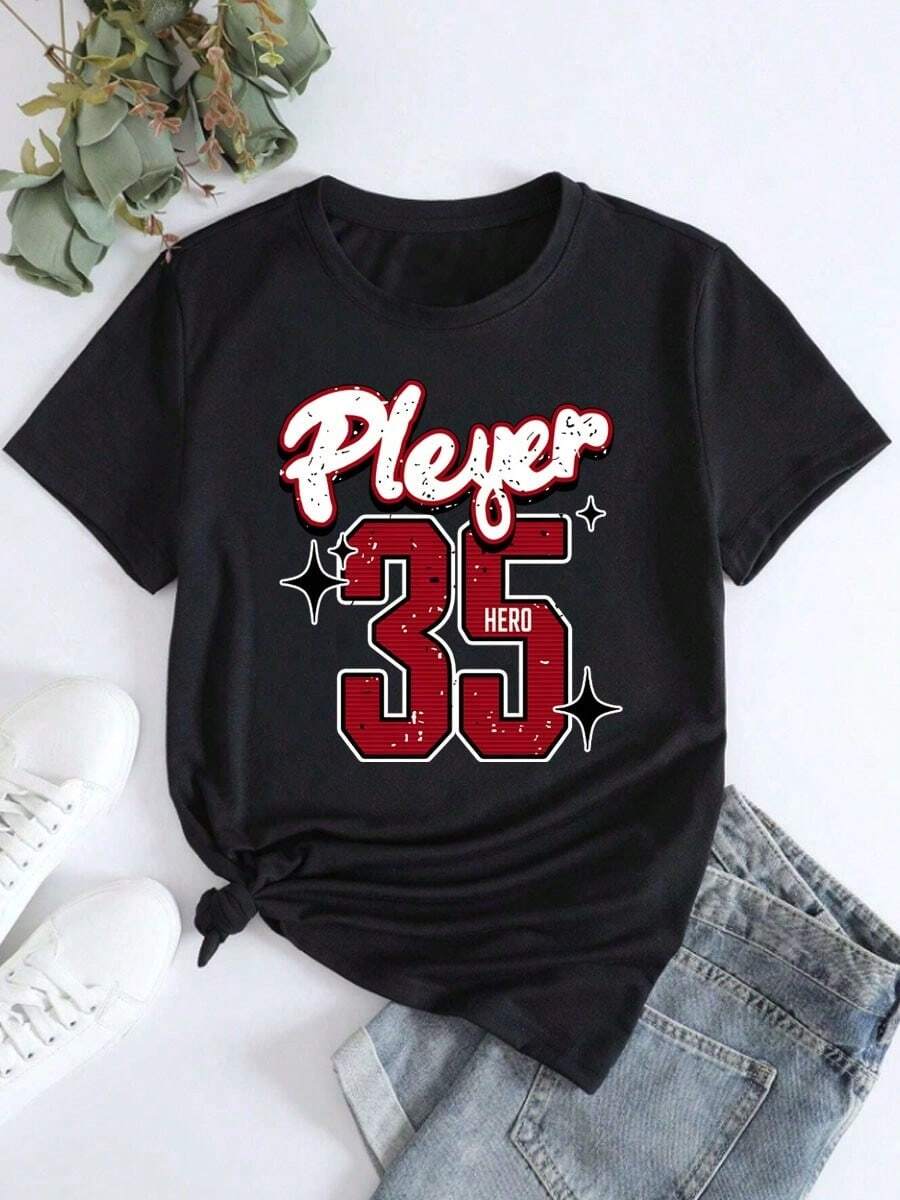 Camiseta suelta de manga corta con cuello redondo y estampado gráfico del número 37 - Negro - Ver 1