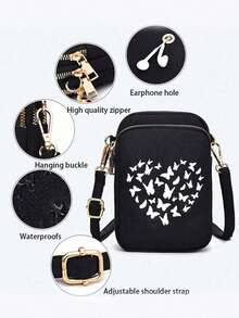 Colorful Gradient Butterfly Heart Pattern Crossbody Bag, Compact Oxford Fabric Multi-Pocket Shoulder Bag And Phone Bag With Gold Zipper, Adjustable Shoulder Strap, Coin Storage And Earphone Hole - Perfect For Daily Commute And Casual Outings, Summer Beach Travel, Delicate Texture - Multicolor - View 4