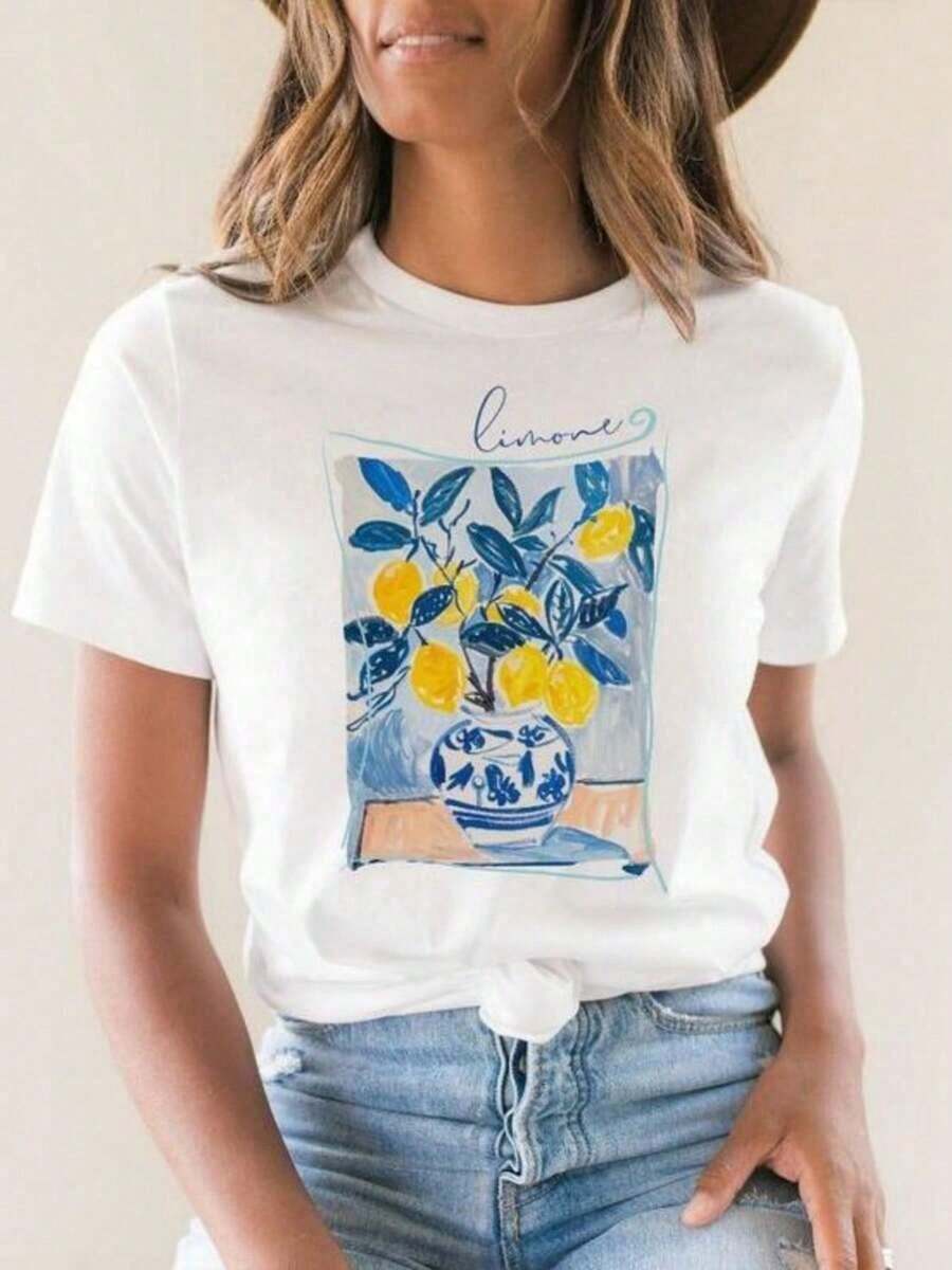 EstiloMay Camiseta Casual para el Festival del 5 de Mayo, 100% Algodón, Blanca Pura - Suave, Transpirable, de Corte Holgado, Cuello Redondo, Manga Corta, Estampado Simple de Hojas de Limón, Ropa Casual, Lavable a Máquina, Adecuada para Fiestas de Playa en Verano, Un Esencial Versátil para el Guardarropa. Camiseta de algodón transpirable, combina con todo y tiene un ajuste perfecto. - Blanco - Ver 1