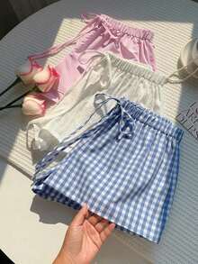 3 pantalones cortos sueltos y casuales con cintura de atar para mujer - Multicolor 8 - Ver 5