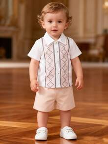 Ensemble chemise garçon bébé d'été à imprimé géométrique et diamant - Cardigan à col court + Short taille élastique couleur unie, 2 pièces tenue décontractée, porter quotidien stylé - Nude - Voir 1