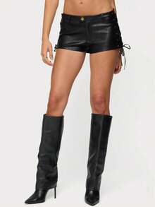 Women's Faux Leather Micro Short Low Waist Stretch Solid Color Drawstring Lace Up Festival Rave Mini Hot Shorts Summer Vintage Rave Club Party Concert - Black - View 1