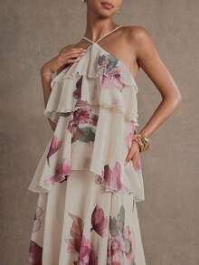 Vestido maxi elegante y romántico para invitada de boda, de gasa con cuello halter y volantes, en un solo color - Multicolor 2 - Ver 3