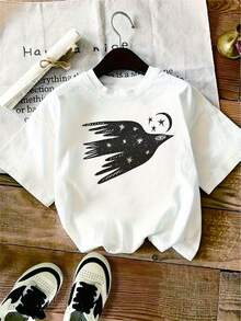 1 pieza de camiseta de manga corta para mujer con estampado de golondrinas y estrellas - Top casual elegante y cómodo con diseño de cielo nocturno, perfecto para atuendos casuales, regalos de vacaciones y regalos de cumpleaños. Y2k Camiseta Camisa De - Blanco - Ver 1