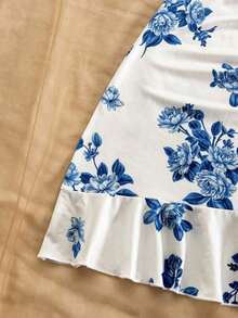 Vestido asimétrico de punto con textura de camello para mujer, diseño con busto fruncido y dobladillo con volantes, que ciñe la cintura, silueta ajustada y favorecedora, adecuado para vacaciones, citas, té de la tarde casual, fiestas, festivales de - Azul y blanco - Ver 4