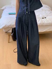 Conjunto casual de 2 piezas de camisa vaquera de manga corta con cuello redondo y lazo delantero, y pantalón vaquero de pierna recta para mujer - Azul lavado oscuro - Ver 5
