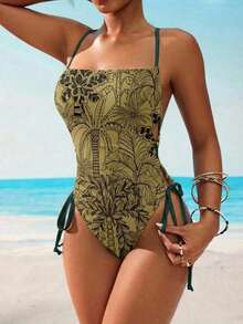 Traje de baño de una pieza con estampado de leopardo y cordones en el cuello para mujer, casual para playa y fiestas de primavera/verano, marrón/rojo - Verde Oliva - Ver 1