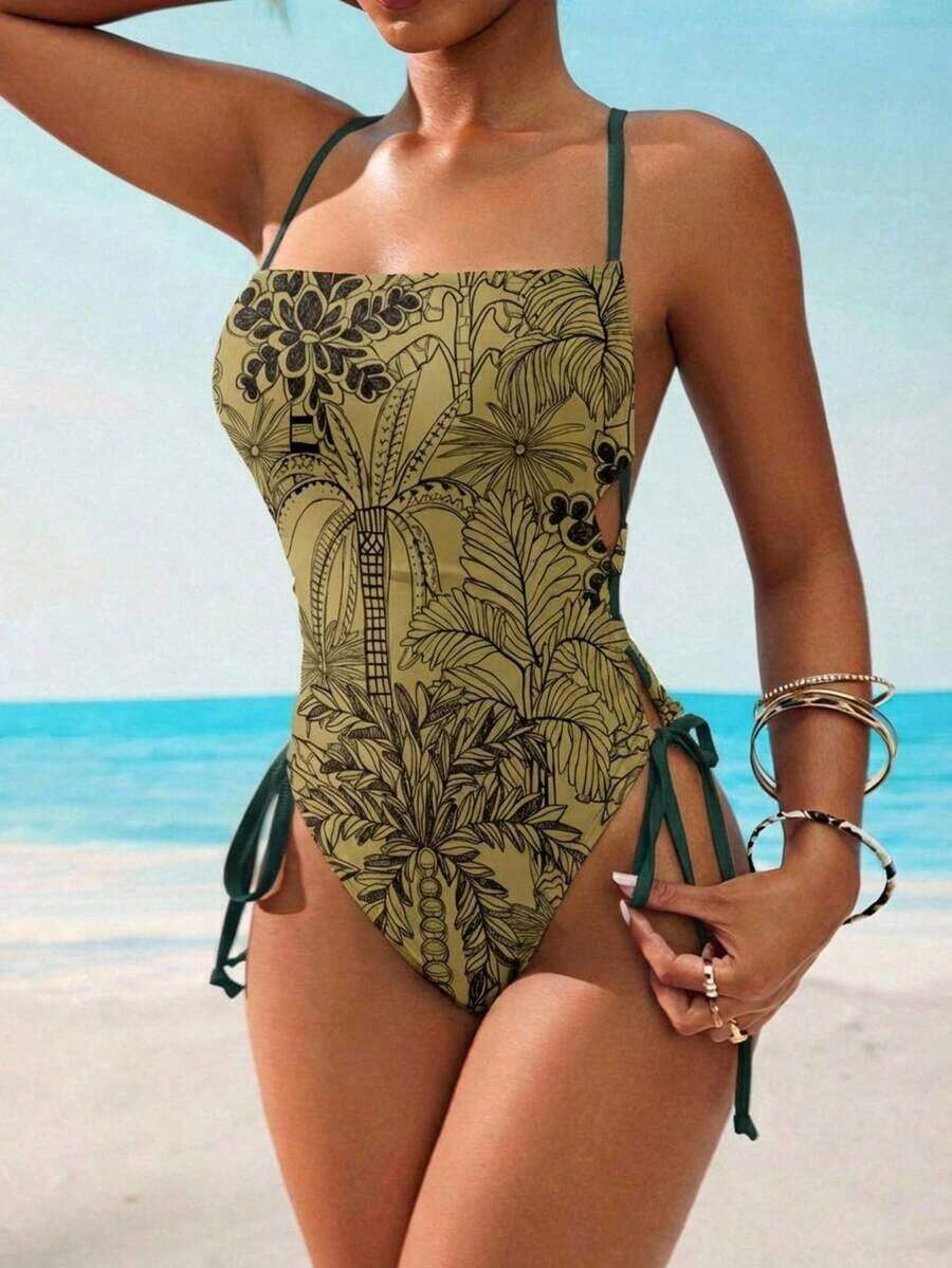 Traje de baño de una pieza con estampado de leopardo y cordones en el cuello para mujer, casual para playa y fiestas de primavera/verano, marrón/rojo - Verde Oliva - Ver 1