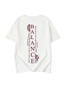 Women's Short-Sleeved T-Shirt With Vertical BALANCE Brain Heart Print, Mental Health Aesthetic Design, Loose Fit, Round Neck, Casual Style, Suitable For Daily Wear, Streetwear, Summer Outings, Vacation. - 白色 - 查看 4