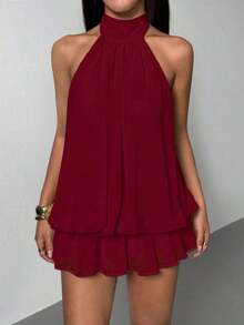 Vestido mini elegante de mujer con escote halter y lazo en color beige - Burdeos - Ver 3