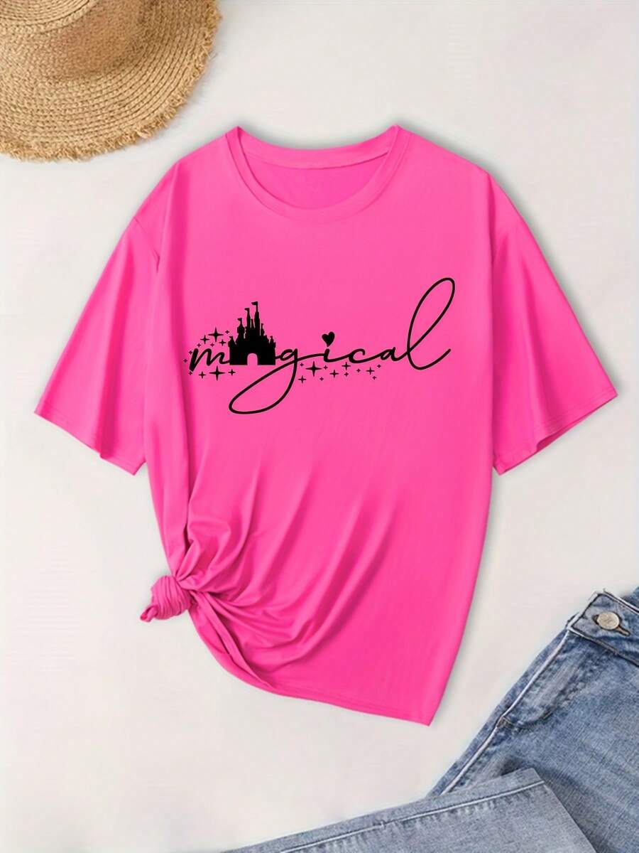 Camiseta de cuello redondo de talla grande, adecuada para disfraces y atuendos casuales - Diseño casual con letras de temática mágica, lavable a máquina, ajuste cómodo para eventos temáticos y como pieza para superponer. - Rosa Fucsia - Ver 1