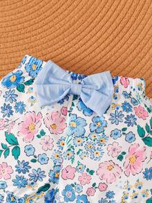 2pcs/Set Girls' Summer Outfit: Blue Striped Sleeveless Top With Ruffle Design And Ditsy Floral, Bowknot Decor Ruffle Hem Shorts, Casual Suit For Outdoor Wear - Baby Blue - View 7
