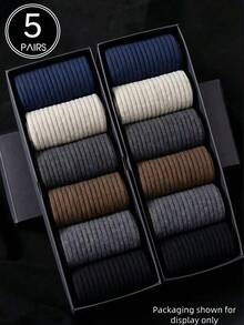 5 Pares de Meias de Cano Médio Listradas Reforçadas e Espessas, Adequadas para Aquecimento, Casual, Casa, Esportes ao Ar Livre, Aquecimento Contínuo, Homens e Mulheres, Confortáveis, Super Elásticas, Sola Macia, Espessas, Respiráveis, Resistentes a Odores, Antibacterianas, Adequadas para a Vida Diária, Presente do Dia dos Pais - Multicolorido - Visão 1