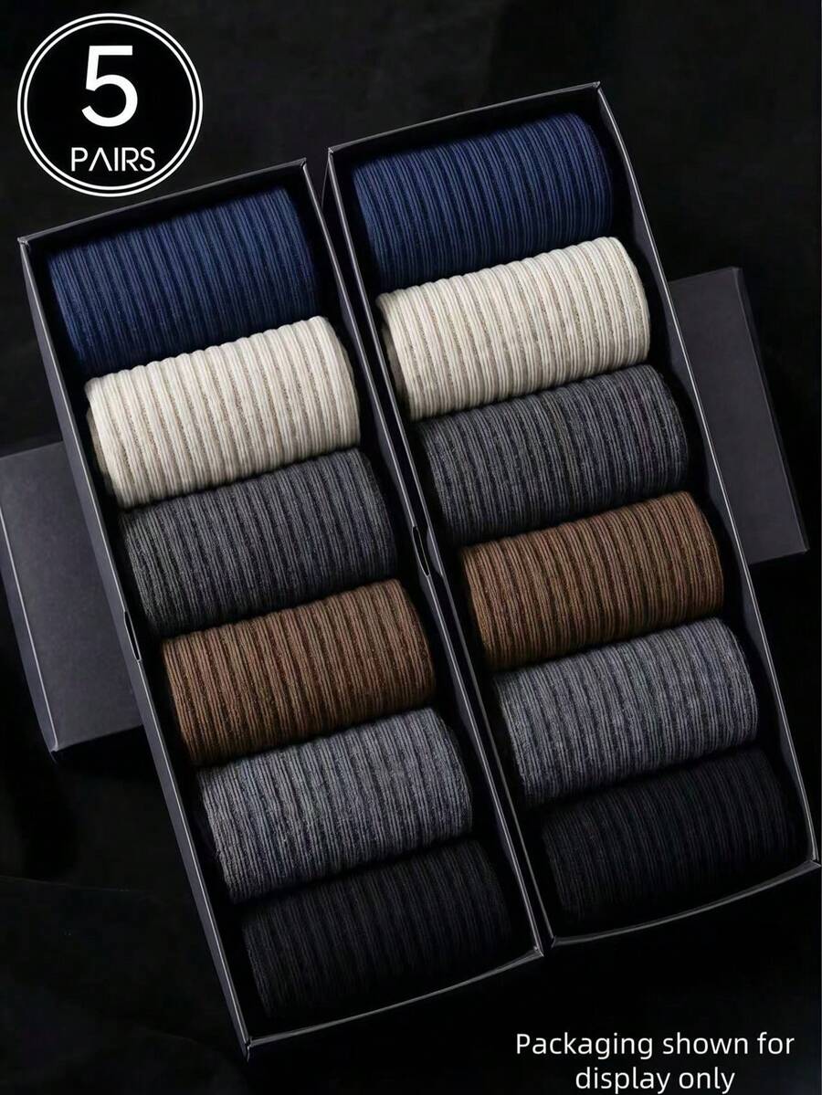 5 Pares de Meias de Cano Médio Listradas Reforçadas e Espessas, Adequadas para Aquecimento, Casual, Casa, Esportes ao Ar Livre, Aquecimento Contínuo, Homens e Mulheres, Confortáveis, Super Elásticas, Sola Macia, Espessas, Respiráveis, Resistentes a Odores, Antibacterianas, Adequadas para a Vida Diária, Presente do Dia dos Pais - Multicolorido - Visão 1
