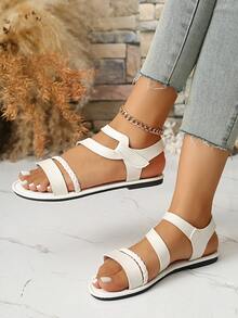 Women's Woven Strap Decor Flat Sandals, Casual Hook And Loop Sandals - White - View 4