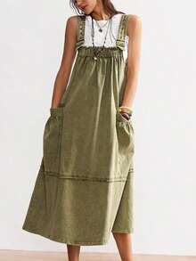 BohoFeels Vestido casual de media longitud de unicolor y tejido holgado para mujeres - Verde militar - Ver 1