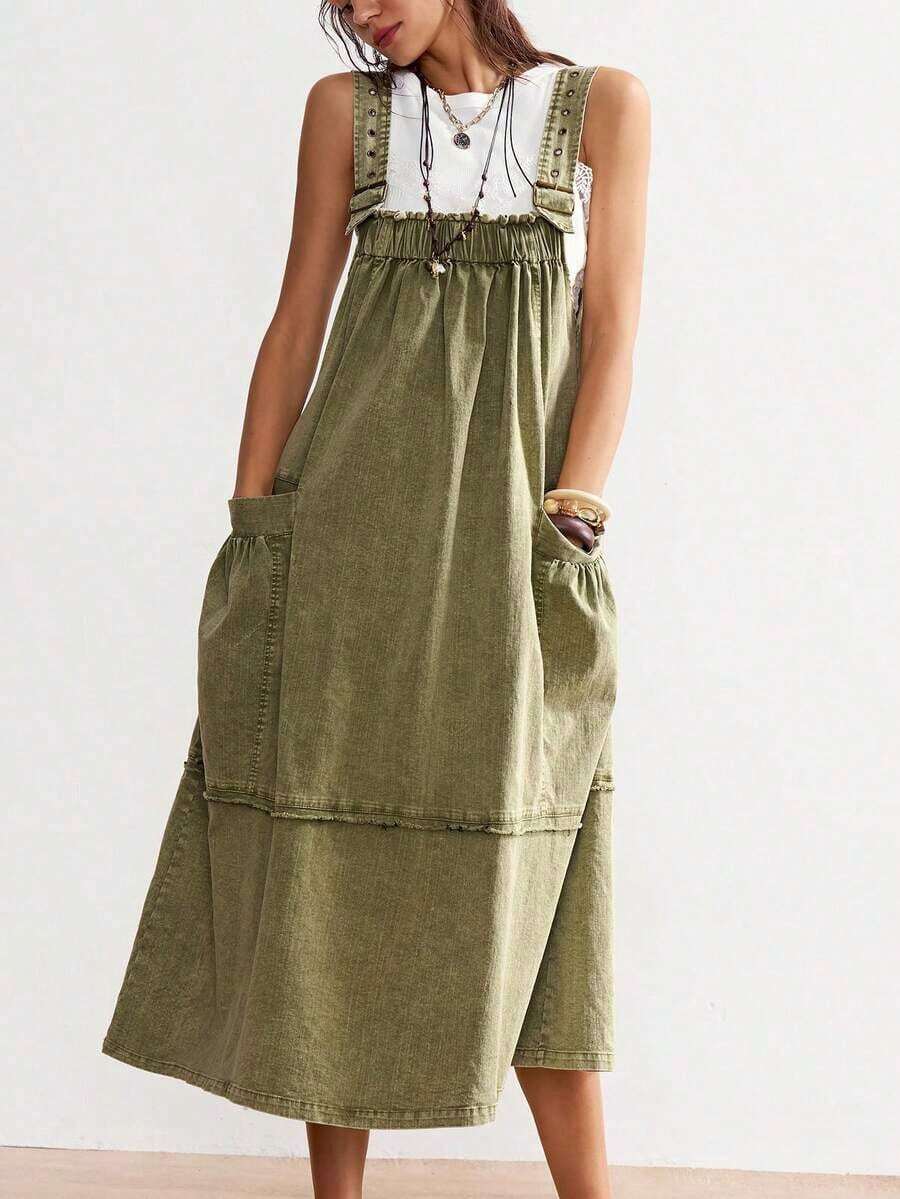 BohoFeels Vestido casual de media longitud de unicolor y tejido holgado para mujeres - Verde militar - Ver 1