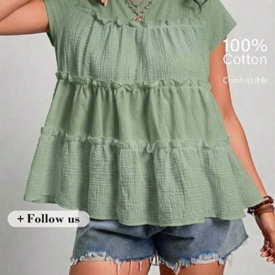 Freevana Plus Size Women's Vintage Peasant Casual Style | Blue And White Plaid Round Neck Sleeveless Tiered Ruffle Trim Babydoll Top - Sweet Loose Pullover Blouse - verde menta - Ver 1