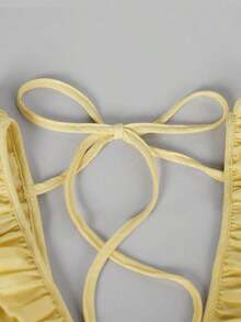 Vestido mini de mujer de color amarillo liso con volantes en los tirantes, de estilo casual de vacaciones, para verano - Multicolor - Ver 6