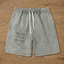 Men's Retro Washed Cotton Shorts, Christian Faith Printed Pure Cotton Pants, Loose Breathable Drawstring Casual Shorts For Summer 4th Of July Outfit Women - Xám - Xem 7
