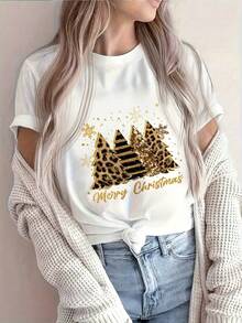 Conjunto casual de mujer con estampado de leopardo y árbol de Navidad, tejido suave, ideal para fiestas navideñas, outfits para exteriores y regalos navideños - Blanco - Ver 8