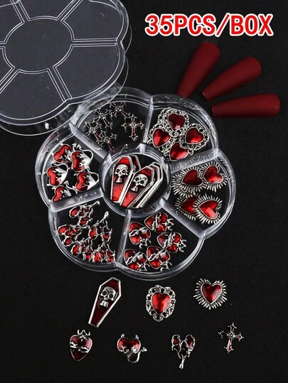 10/7 35PCS New Enamel Red Gothic Nail Art Set With Mixed Styles. Includes Vintage Designs Such As Cross, Heart, Tombstone, And Red. Three-Dimensional, Simple, And Versatile Nail Art Accessories. DIY Nail Decorations. Fashionable, Simple, And Versatile. Y2K Style. False Nail Decorations, Accessories, Nail Art Supplies. Nail Decorations.