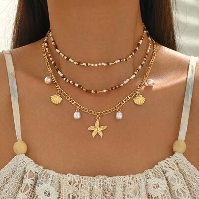 3pcs Summer Beach Vacation Style Beaded Necklace, Fashion Versatile Faux Pearl Marine Life Pendant Necklace, Suitable For Daily Wear, Vacation, Party, Date, Bohemian Choker Necklace, Random Bead Color Arrangement