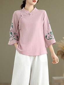 LUCIDVUE 1件女款唐裝刺繡上衣，春夏復古盤扣亞麻襯衫，優雅漢服風度假穿搭 - 粉色 - 查看 11