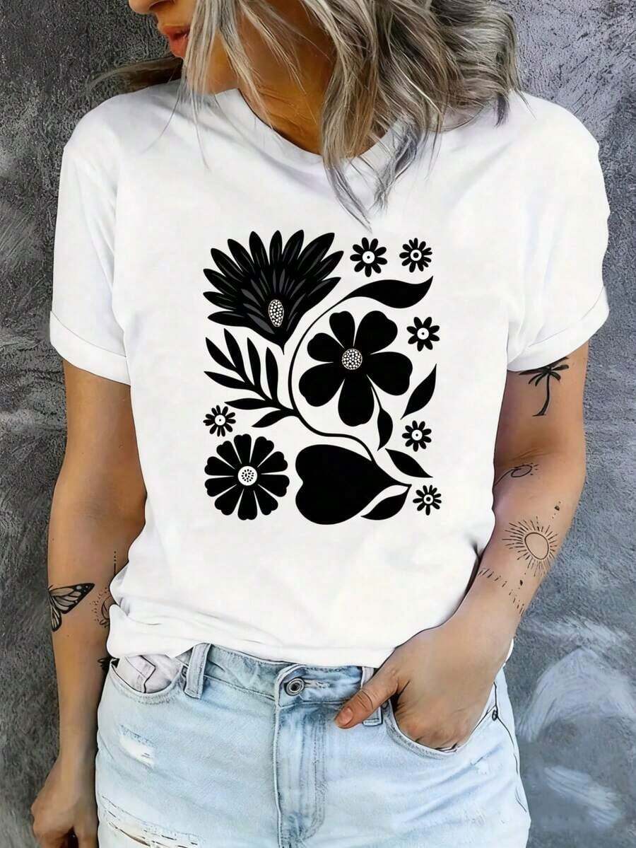 Camisetas estampadas, camiseta de mujer casual, para vacaciones, de manga corta y cuello redondo, para primavera y verano, lavable a máquina, ropa de mujer nueva, versátil para la calle, camiseta de mujer de manga corta y cuello redondo con estampado divertido, adecuada para: eventos deportivos/fiestas festivas/senderismo/ejercicio y otros regalos navideños (220g). tops de algodón para el verano - Blanco - Ver 1