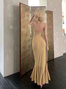 Vestido largo de cola de sirena para mujer, color amarillo mostaza, diseño de tirantes anchos en U, tejido de punto elástico ajustado, estilo elegante, ideal para fiestas y eventos formales. - Amarillo - Ver 5
