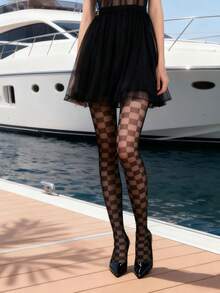 1 đôi tất nữ họa tiết kẻ caro dệt jacquard - màu đen - Xem 4