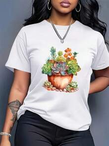 Oversized Women's Plus Size Loose Fit T-Shirt - Breathable Short Sleeve Summer T-Shirt, Printed With Cactus And Succulent Plant Designs, Casual White Crew Neck T-Shirt, A Spring And Summer Must-Have Item, Comfortable And Soft Fabric, Lightweight Material, A  And Fashionable Clothing Choice. - 白色 - 查看 6