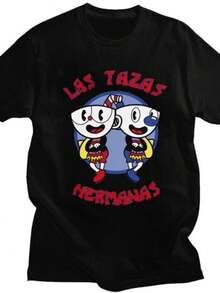 playeras de mujer 2026 Custom Las Tazas Hermanas Cupheads T Shirt for Men Women Pure Cotton Tshirt Leisure Tees Short Sleeve Cartoon Game T-shirt Slim Fit - Negro - Ver 1