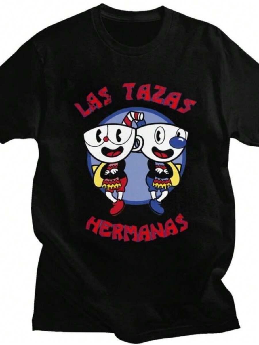 playeras de mujer 2026 Custom Las Tazas Hermanas Cupheads T Shirt for Men Women Pure Cotton Tshirt Leisure Tees Short Sleeve Cartoon Game T-shirt Slim Fit - Negro - Ver 1