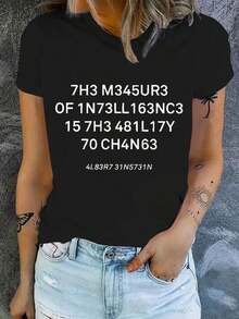 Camiseta Casual para Mujer, Elegante, con Estampado de Letras, Cómoda, a la Moda, de Manga Corta, Cuello Redondo, para Uso Diario, 100% Algodón, Resistente - Negro - Ver 7