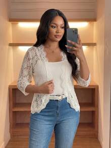 SHEIN Lady CURVE Áo khoác ren tương phản tay 3/4 hở phía trước cỡ lớn cho nữ mùa thu & mùa thu, trang phục công sở thường ngày cho nữ - Màu be - Xem 5