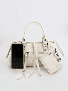 1pc Beige Splicing Rivets Inlaid Metal Tassels Zip Retro PU Material Small Bag Charms Loop Band Rivets Inlaid Sweet Cool Bikerbag Y2K Punk Square Bag - Beige - View 8