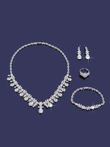 A Set Of Elegant And Minimalist Jewelry For Ladies, Including A Drop-Shaped Cubic Zirconia Necklace, Earrings, Bracelet And Ring. Suitable For Both Daily Wear And Formal Occasions. - B0473-r4S - View 3