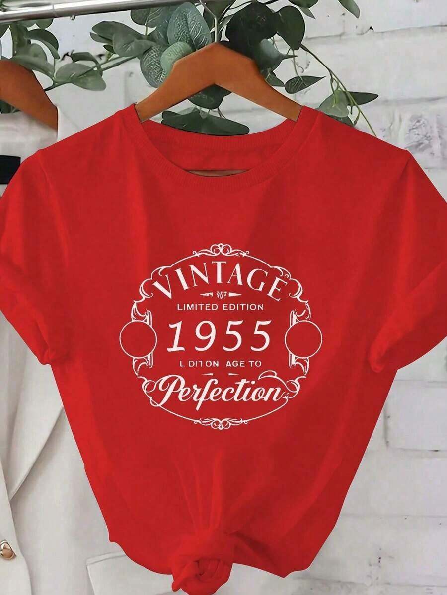 Camiseta de mujer de ajuste cómodo de algodón puro de 1955Comfortable, versatile short-sleeved top. - Rojo - Ver 1