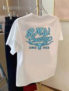 Camiseta con estampado frontal y trasero para mujer, R.M.W. Country, camiseta de mujer con estampado de música country de cuello redondo, camisa de manga corta casual para mujer, adecuada para diversas ocasiones como playa o uso casual diario. Cómoda y ligera camiseta holgada para mujer.Comfortable, versatile short-sleeved top. - Blanco - Ver 7
