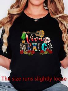 Camiseta Casual para Mujer - Diseño Brillante 'Viva México', Mangas Cortas, Cuello Redondo, Elástica, Camiseta Gráfica Colorida con Textura - Estilo Urbano Vintage Unisex, Camiseta de Algodón Holgada de Manga Corta y Cuello Redondo - Negro - Ver 1
